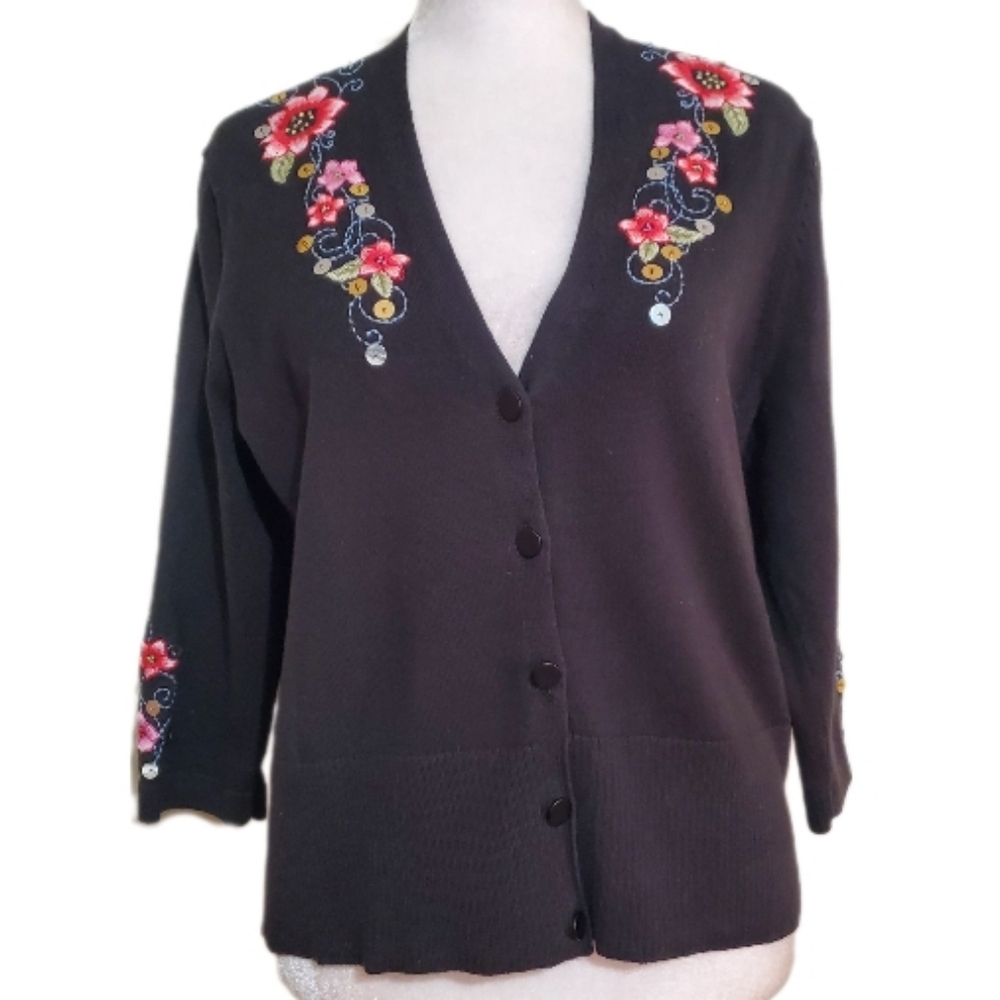Christopher & Banks Y2k Cotton black floral embroidery sequin cardigan sweater L